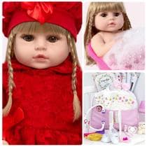 Boneca Reborn Recém Nascida Loira Olhos Castanhos + Itens