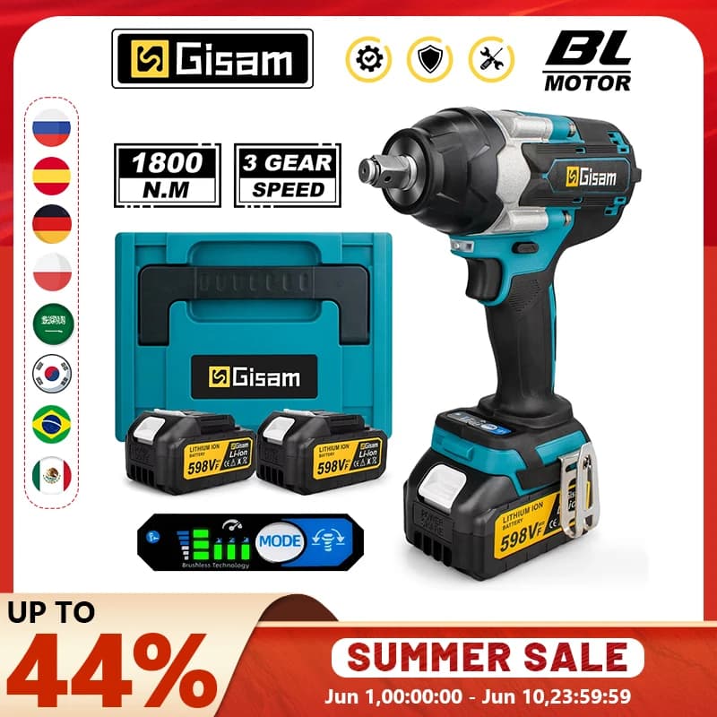 Gisam 1800N.M Torque Brushless Electric Impact Wrench 1/2 inch Screwdriver Cordless Wrench Power Tool For Makita 18V Battery Pin