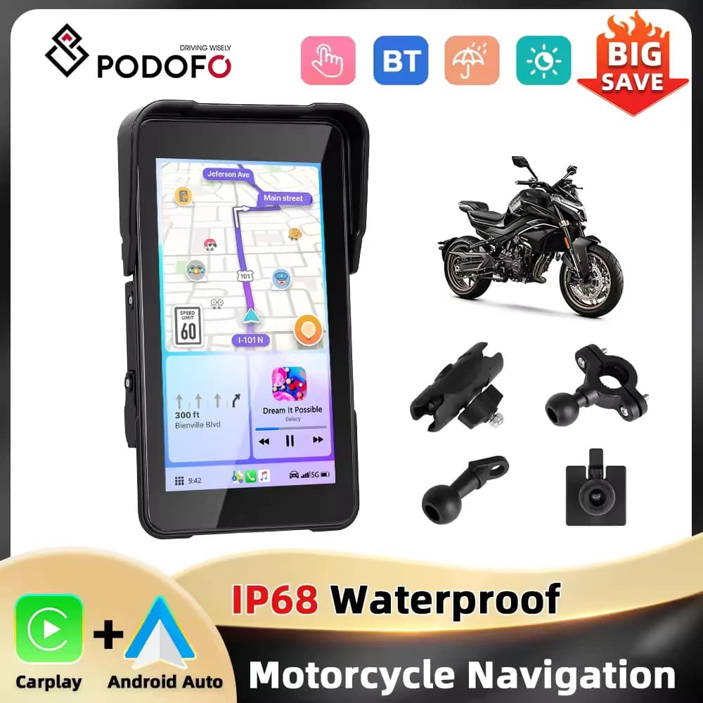 Podofo 5'' Vertical Screen Motorcycle Monitor Carplay Android Auto IP68 Waterproof Brightness Adjustment BT Smart Screen Player