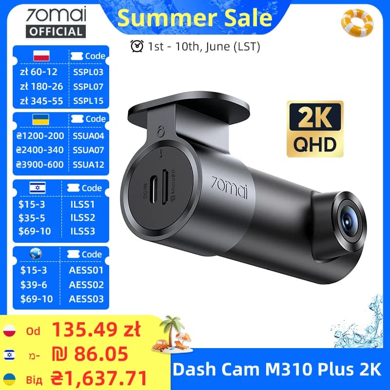 70mai Dash Cam M310 Plus 2K English Voice Control 1440P WDR Night Vision 24H Parking Surveillance 70mai M310 2K Car DVR Wi-Fi 6