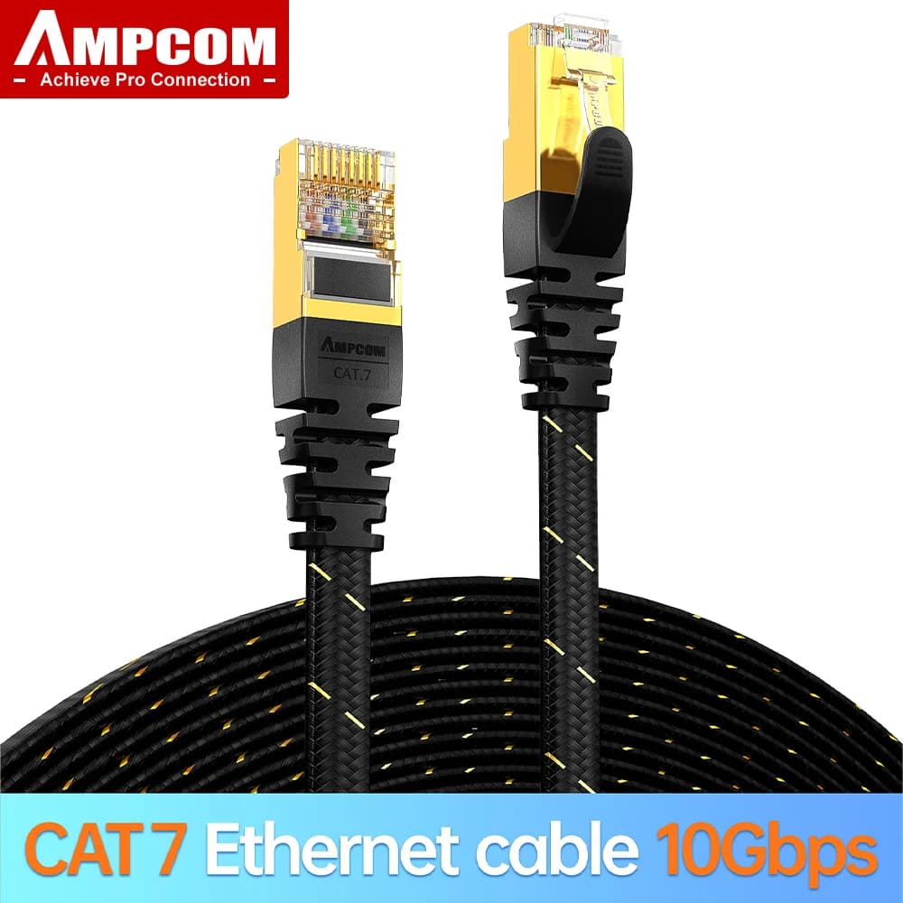 AMPCOM CAT7 Ethernet Cable (10G 600MHz), Shielded Flat RJ45 Network Patch Cord, 50u Gold Plated Lead, Polyester Braided