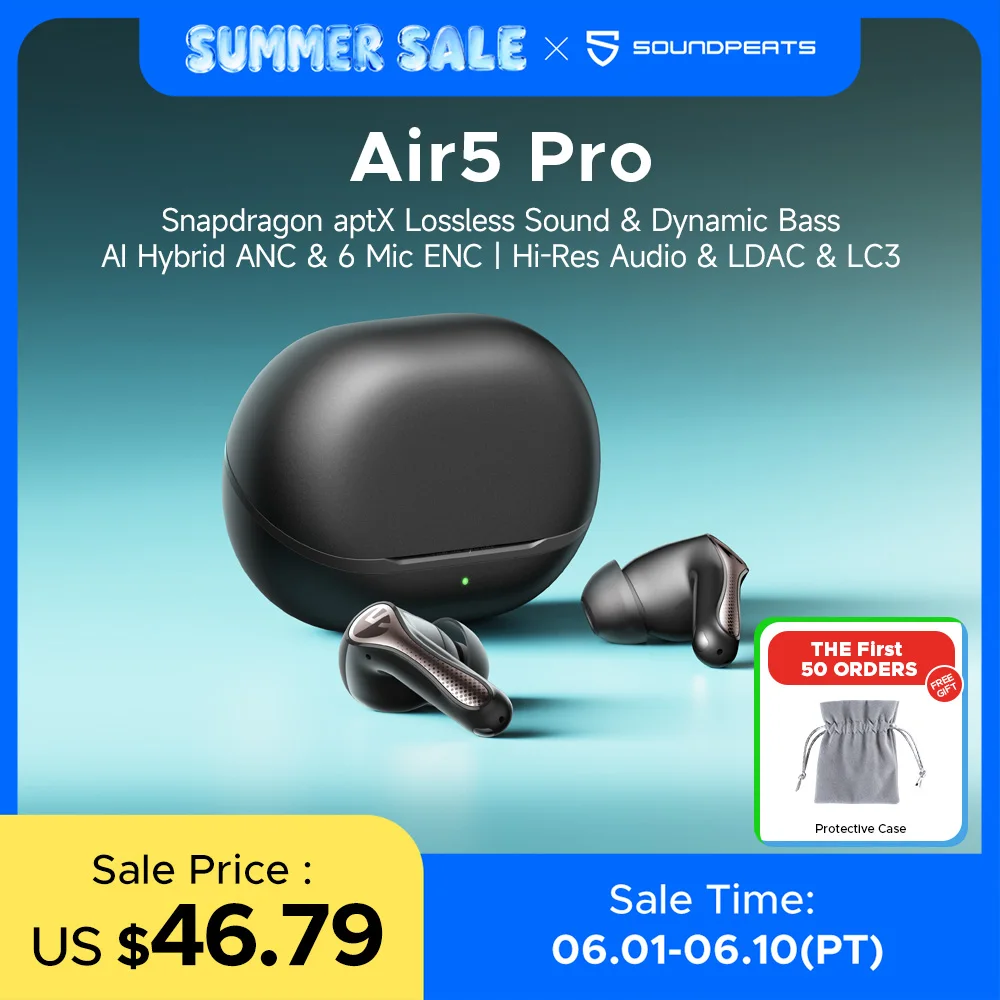 SOUNDPEATS Air5 Pro Wireless Earphones 55 dB Adaptive Hybrid ANC Bluetooth 5.4 Earbuds, Hi-Res LDAC aptX Loseless,6 Mics AI ENC